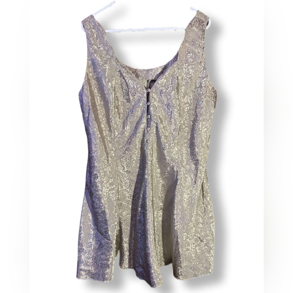 Vintage Sleeveless Floral Beige-Grey Button-Front Dress, Size 1X